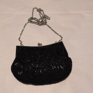 Elegant LaRegale Black Beaded Evening Bag Silver Chain Shoulder Strap